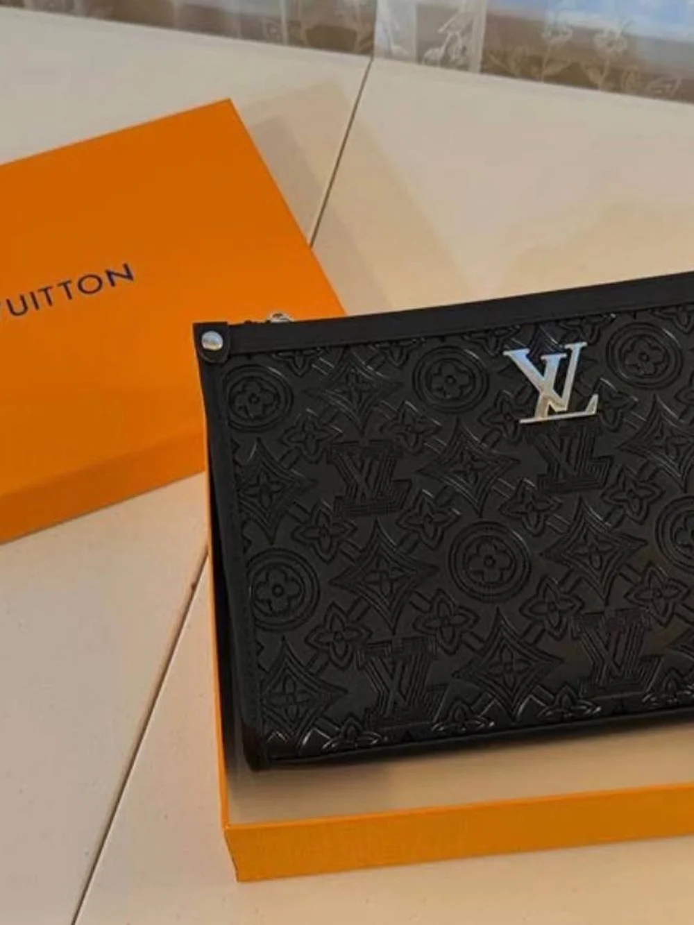 Louis Vuitton Black Embossed Monogram Pouch with Silver LV